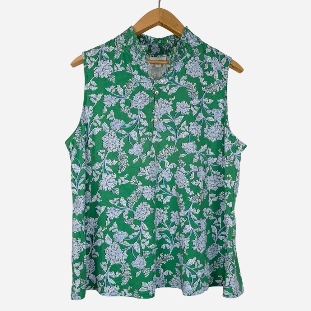 J.Jill Green Floral Ruffle Mock Neck Sleeveless Top XL